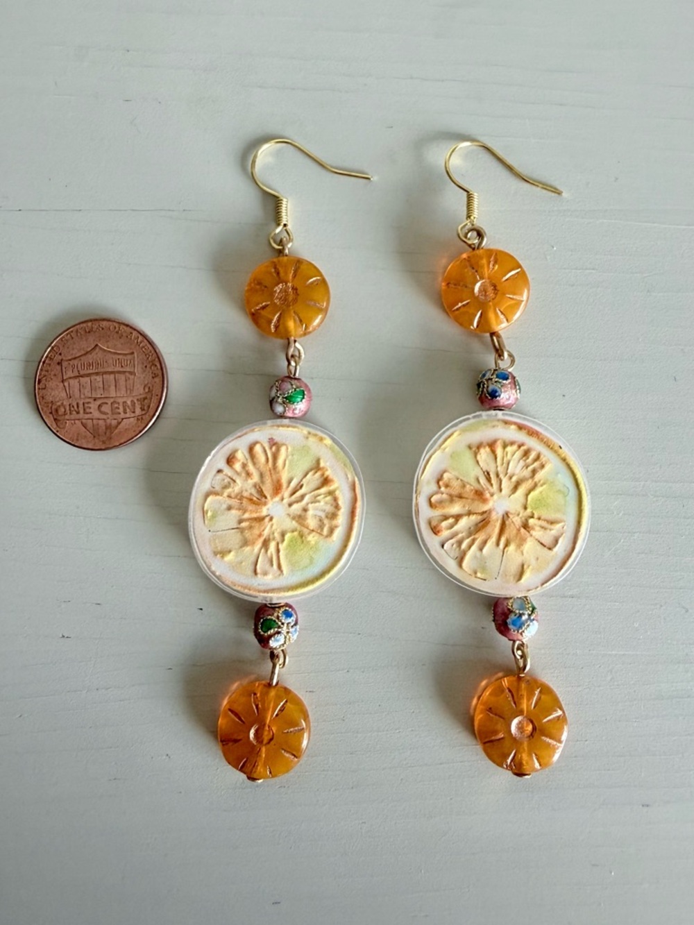 Orange Floral Cloisonné Dangle Earrings